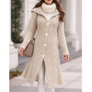 Irelandseye Duster Cardigan Sweater Sz L Beige Cable Knit Cashmere Wool Blend